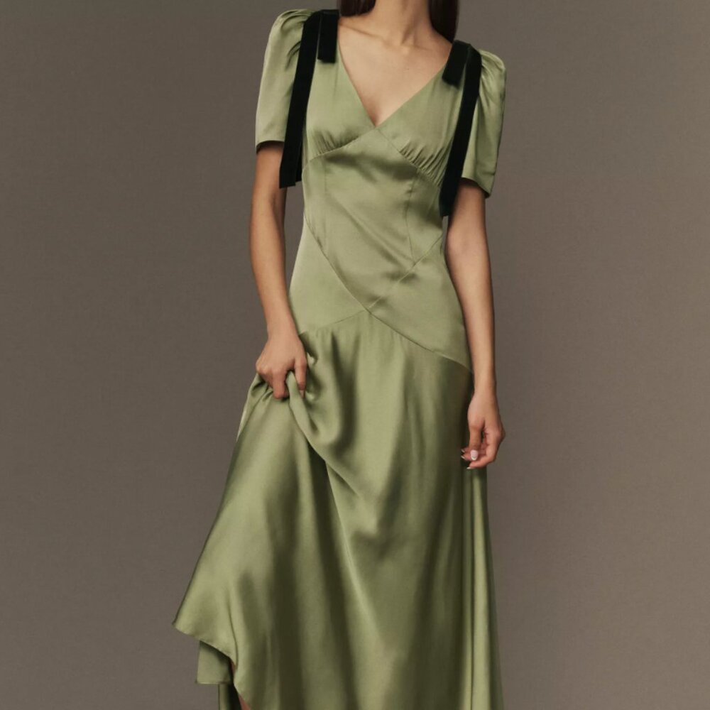 Anthropologie Mare Mare Bree Puff-Sleeve V-Neck Satin Slip Midi Dress